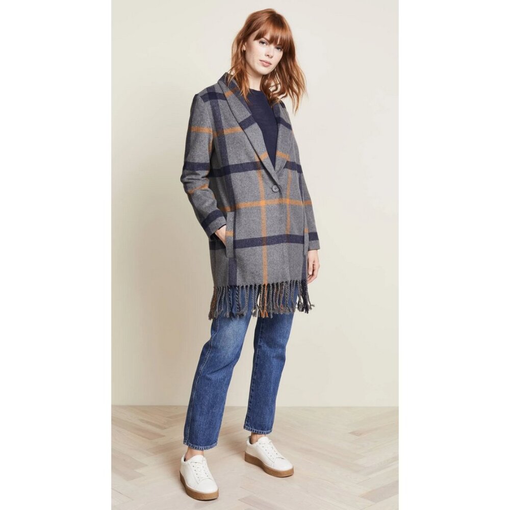 BB Dakota Sz. S Gray Elementary Plaid Oversized Fringed Coat